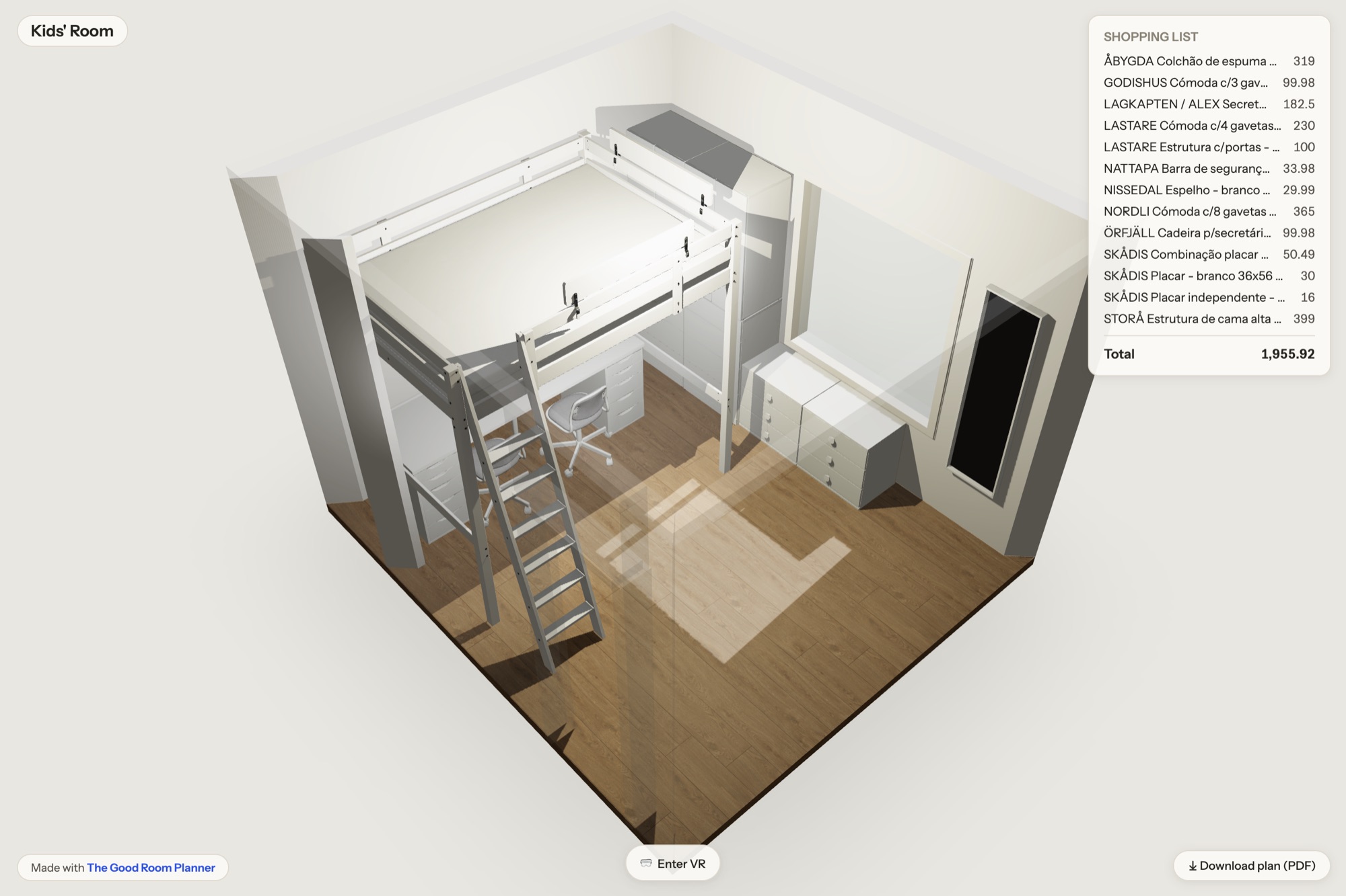 A finished kids' room with a loft bed, desk and dressers built from IKEA 3D models, next to the shopping list with prices and the total