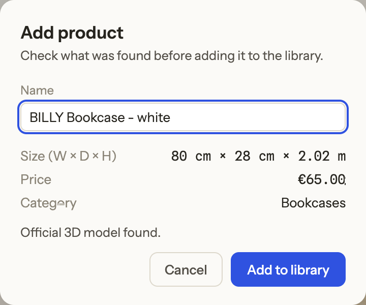 The Add product dialog after pasting an IKEA URL: BILLY Bookcase — white, 80 cm × 28 cm × 2.02 m, €65.00, official 3D model found