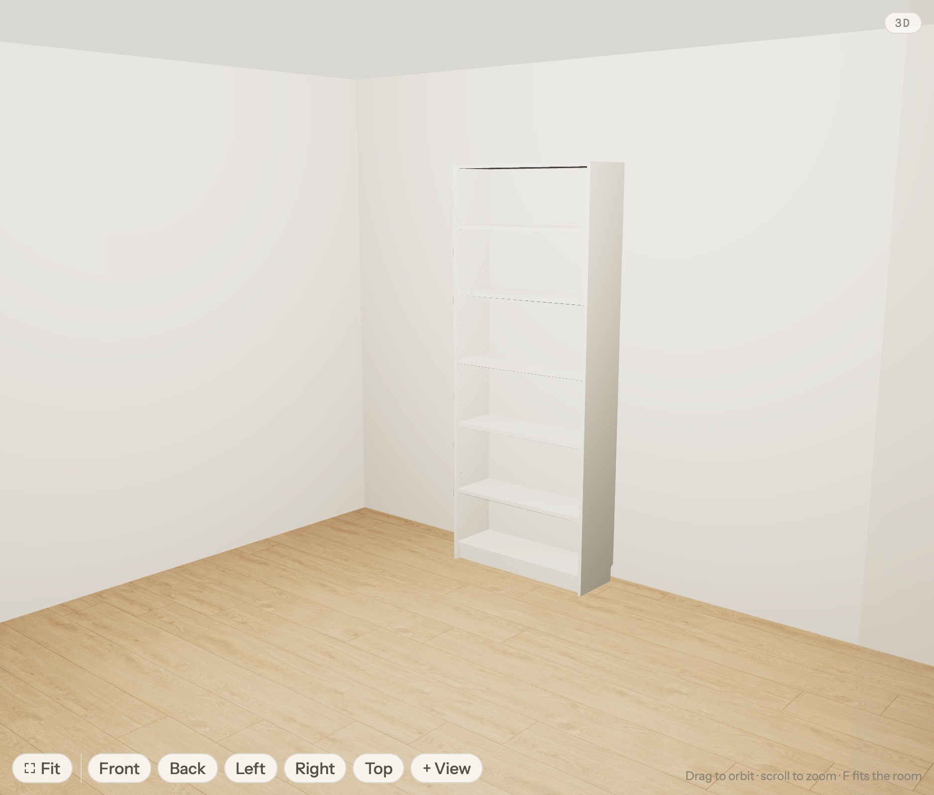 The official BILLY bookcase 3D model standing against the wall in the planner's 3D pane, at true size