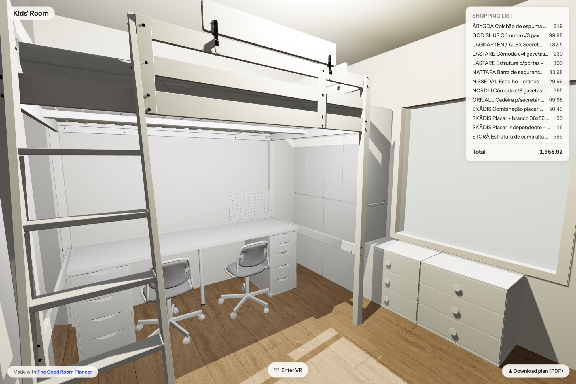 Standing inside a planned kids' room at eye height in the share viewer, with the shopping list and the Enter VR button visible