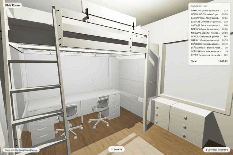 Walking through a planned kids' room at eye height in VR: the view sweeps from the loft bed over the desk to the dressers, with the shopping list and an Enter VR button